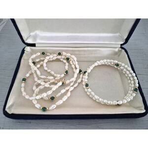 Vintage 14K Gold Seed Pearl and Malachite Necklace and Bracelet Set